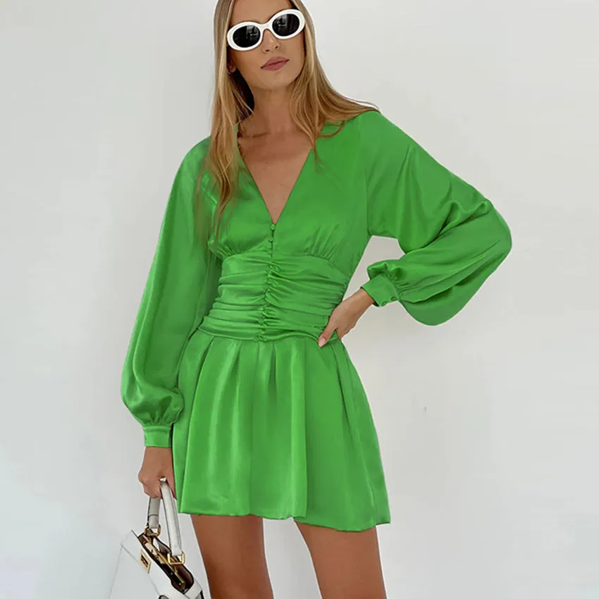 2025 autumn commuter matte satin  dress women's temperament pleated green V-neck lantern sleeve skirt