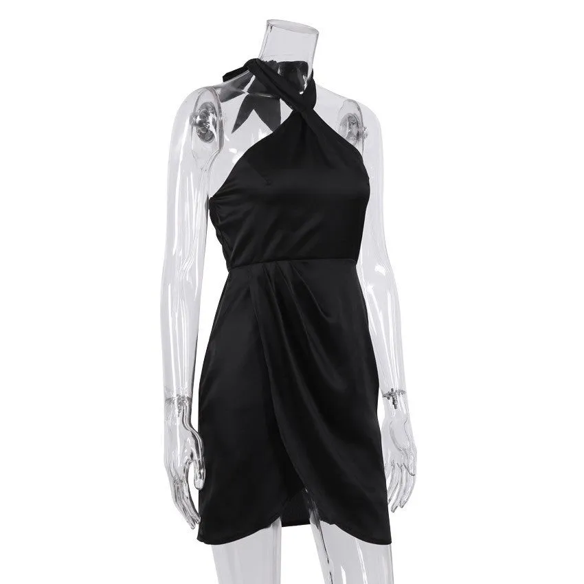2025 summer new satin satin skirt slim irregular sexy Popular trade neck black dress