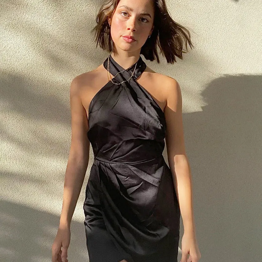 2025 summer new satin satin skirt slim irregular sexy Popular trade neck black dress
