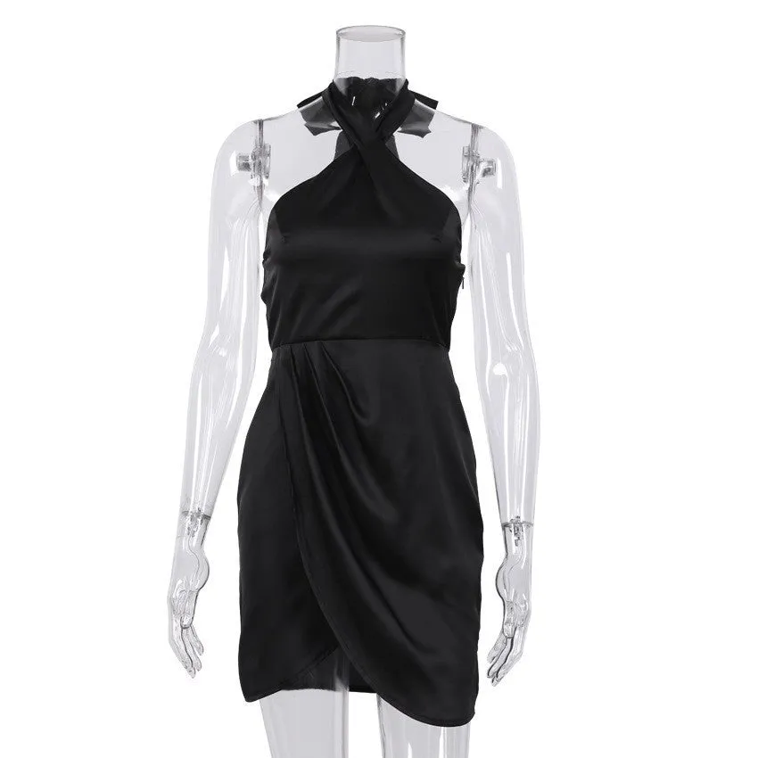 2025 summer new satin satin skirt slim irregular sexy Popular trade neck black dress
