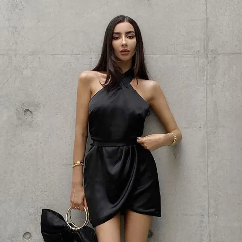 2025 summer new satin satin skirt slim irregular sexy Popular trade neck black dress