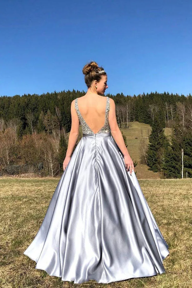 A-Line Satin V Neck Beading Long Prom Dress V Back Evening Dress OK1225