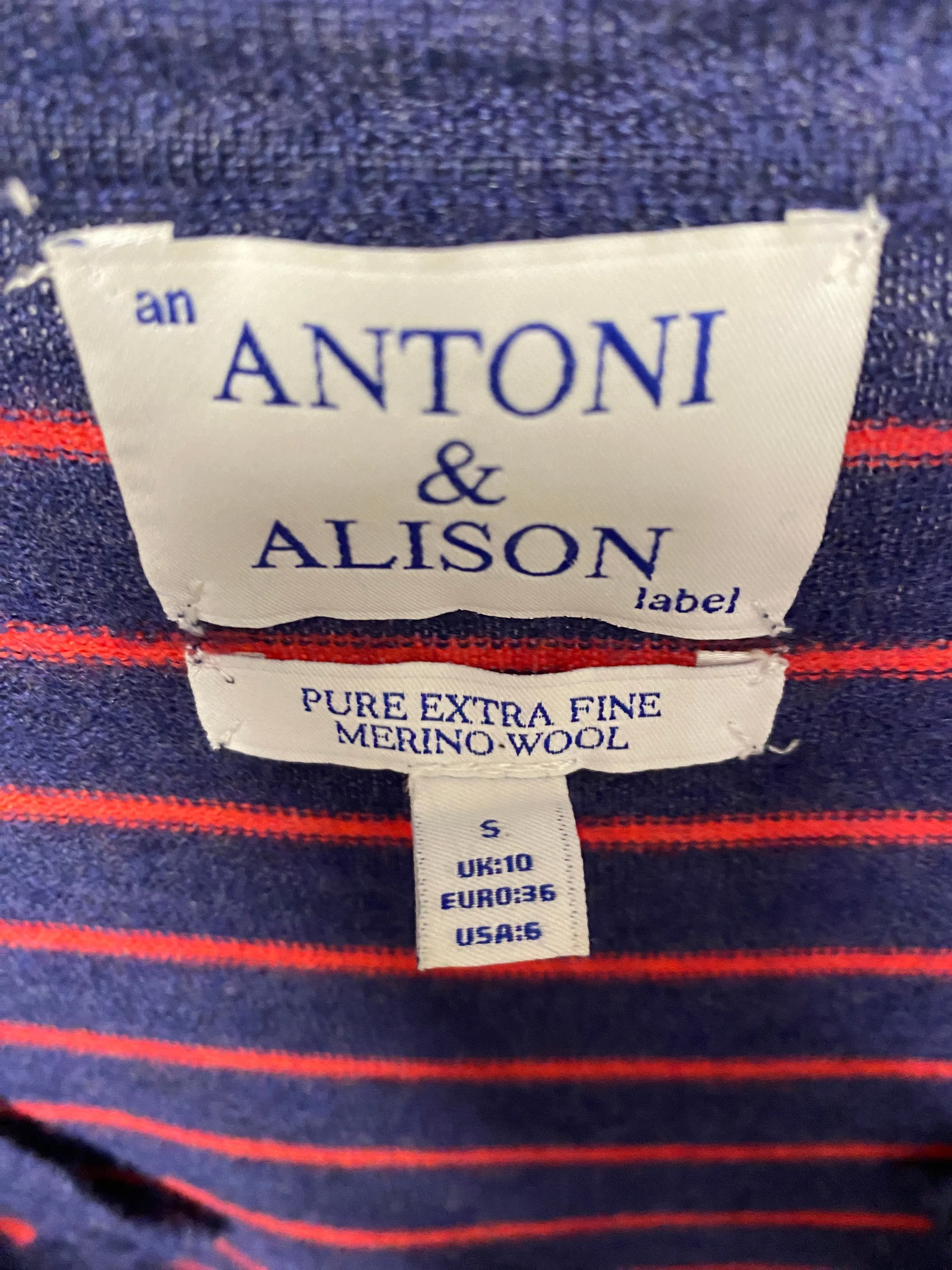 Antoni & Alison Blue, Red Cream & Brown Striped Merino Wool Cardigan 10