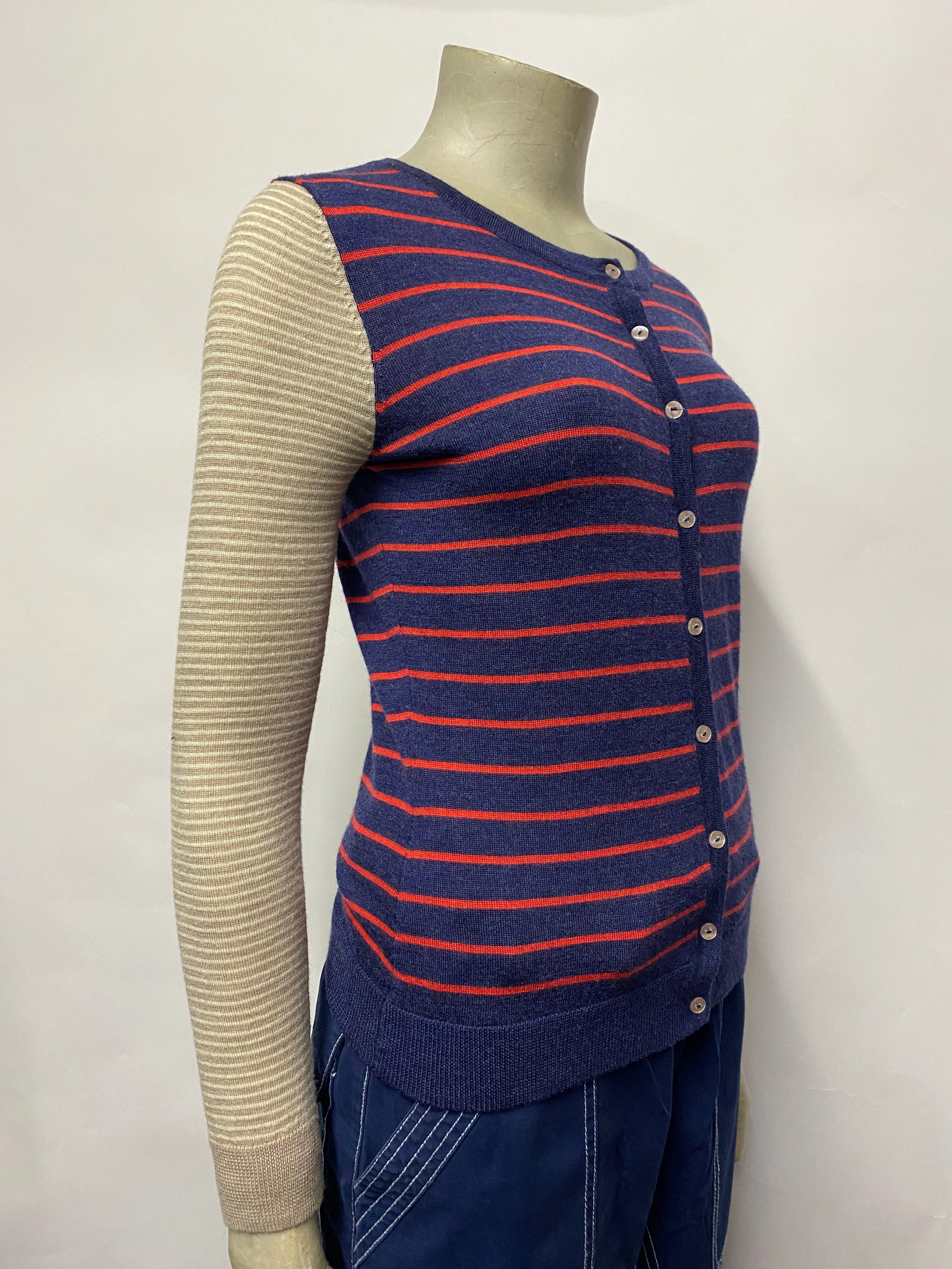 Antoni & Alison Blue, Red Cream & Brown Striped Merino Wool Cardigan 10