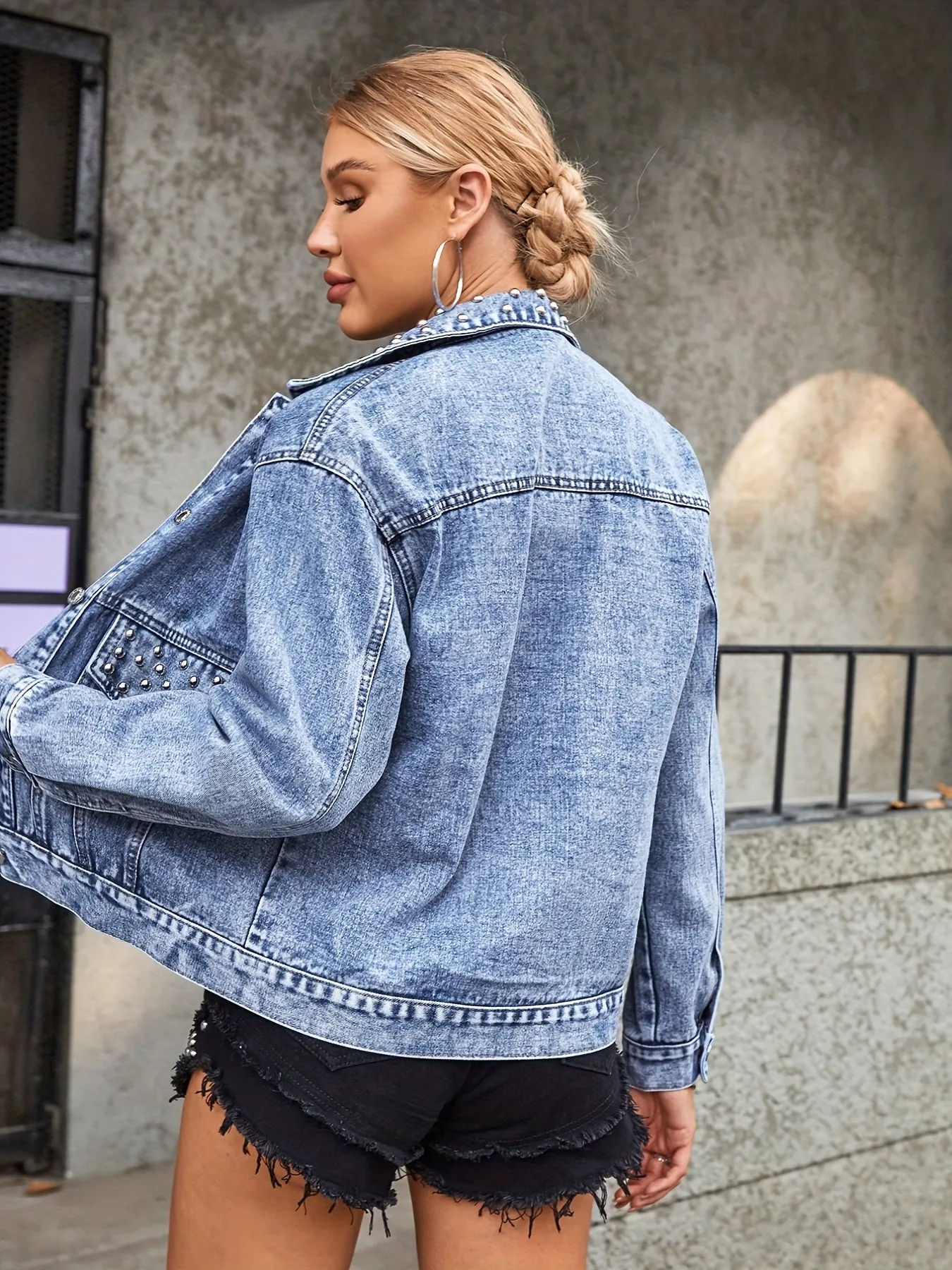 Blue Long Sleeves Denim Coats, Metal Ball Decor Flap Pockets Lapel Denim Jackets, Y2K Women's Denim Clothing