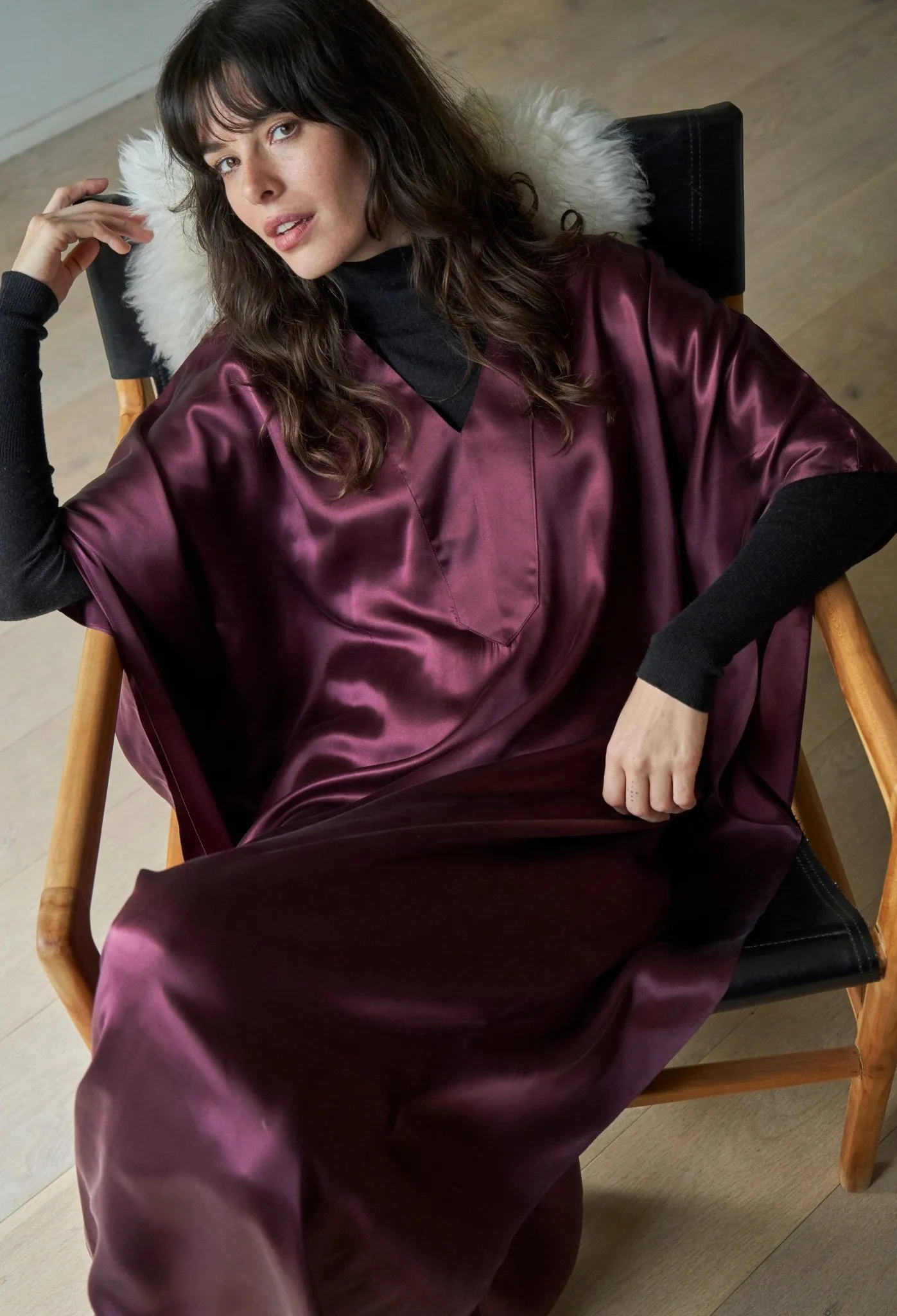 Burgundy Silk Placket V-Neck Long Caftan - Limited Edition! - Sale