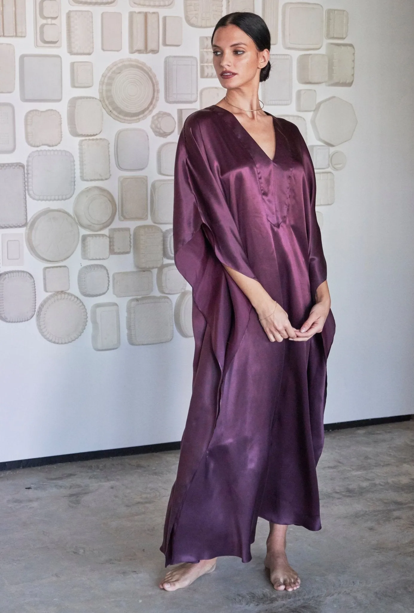 Burgundy Silk Placket V-Neck Long Caftan - Limited Edition! - Sale