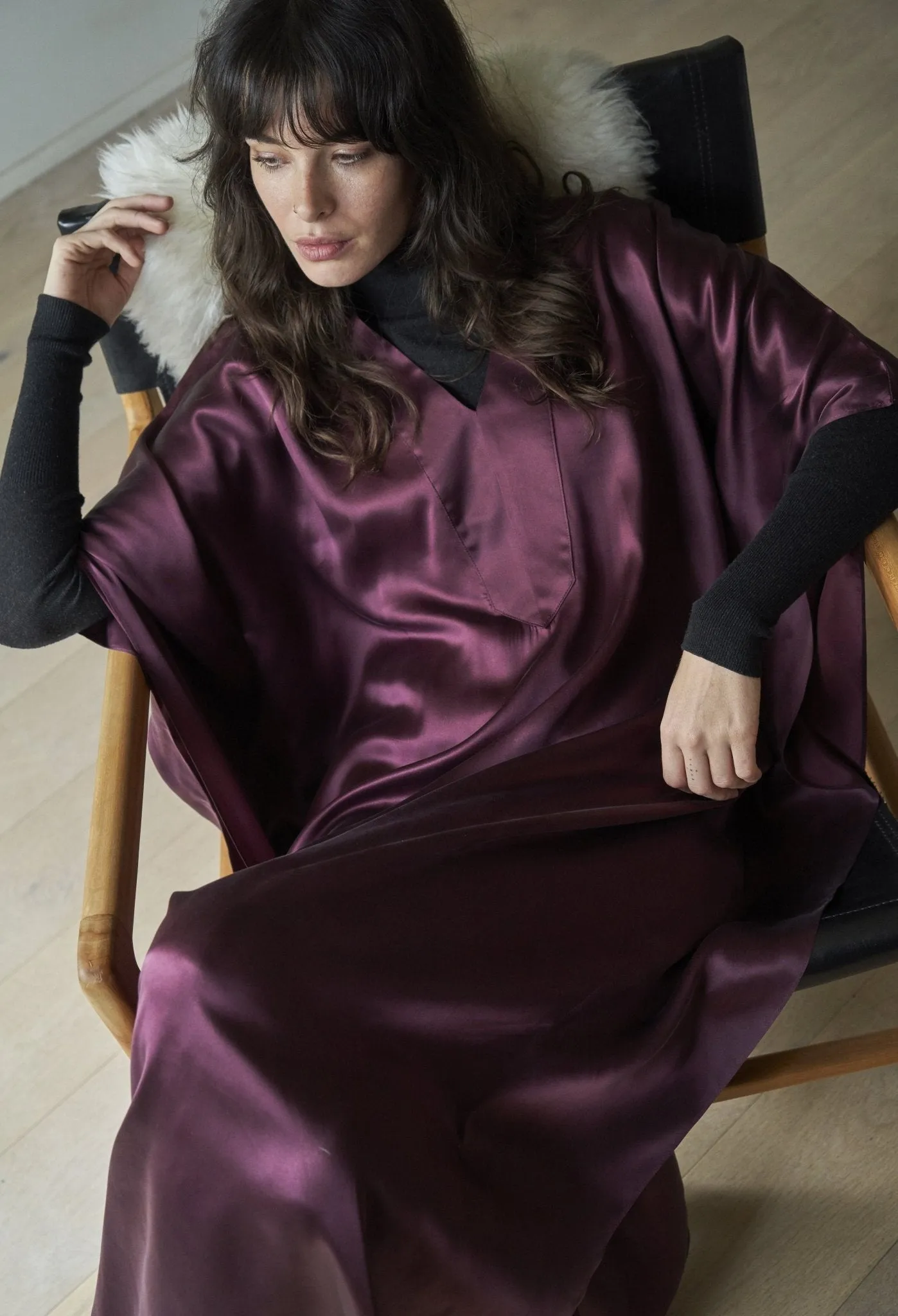 Burgundy Silk Placket V-Neck Long Caftan - Limited Edition! - Sale