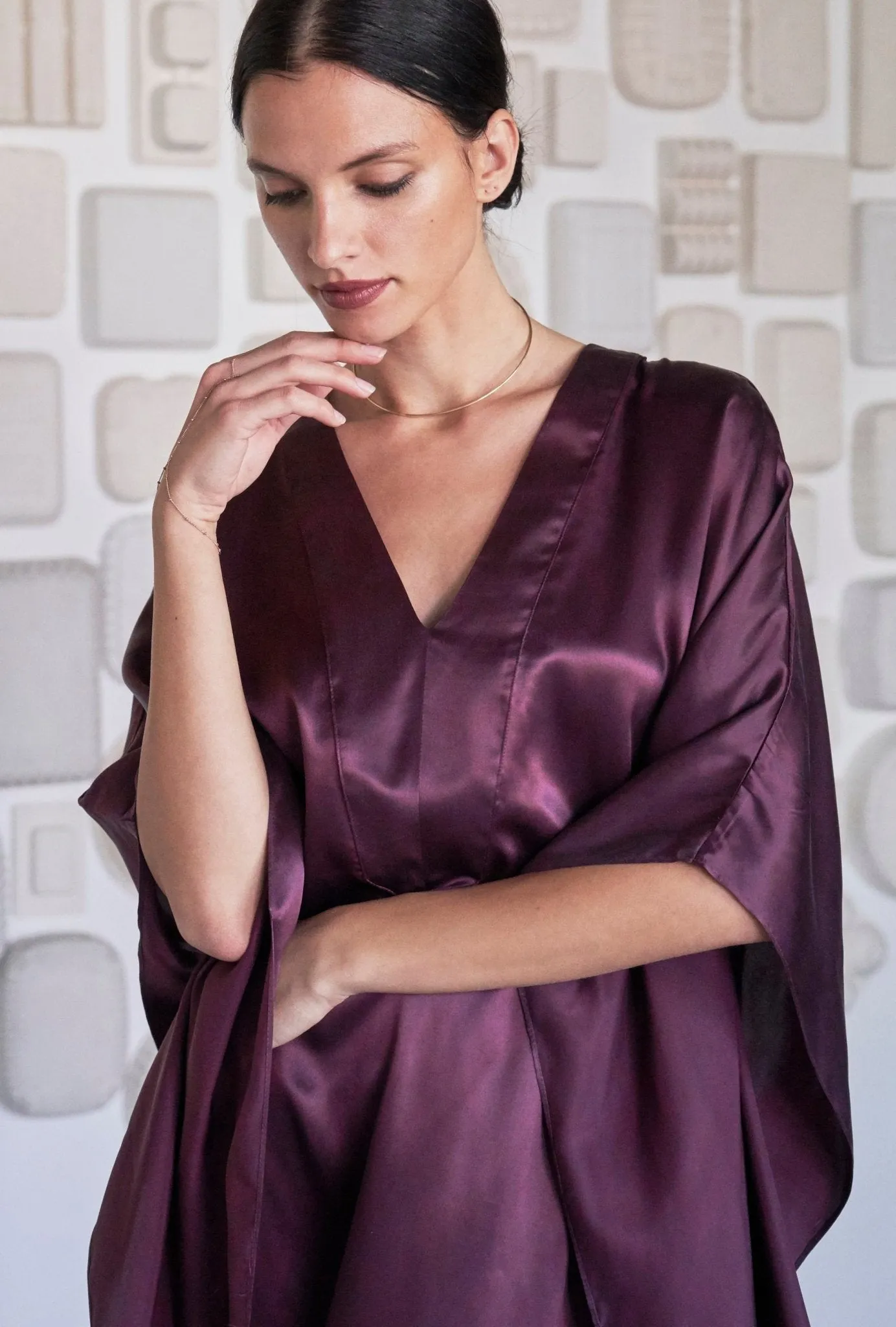 Burgundy Silk Placket V-Neck Long Caftan - Limited Edition! - Sale