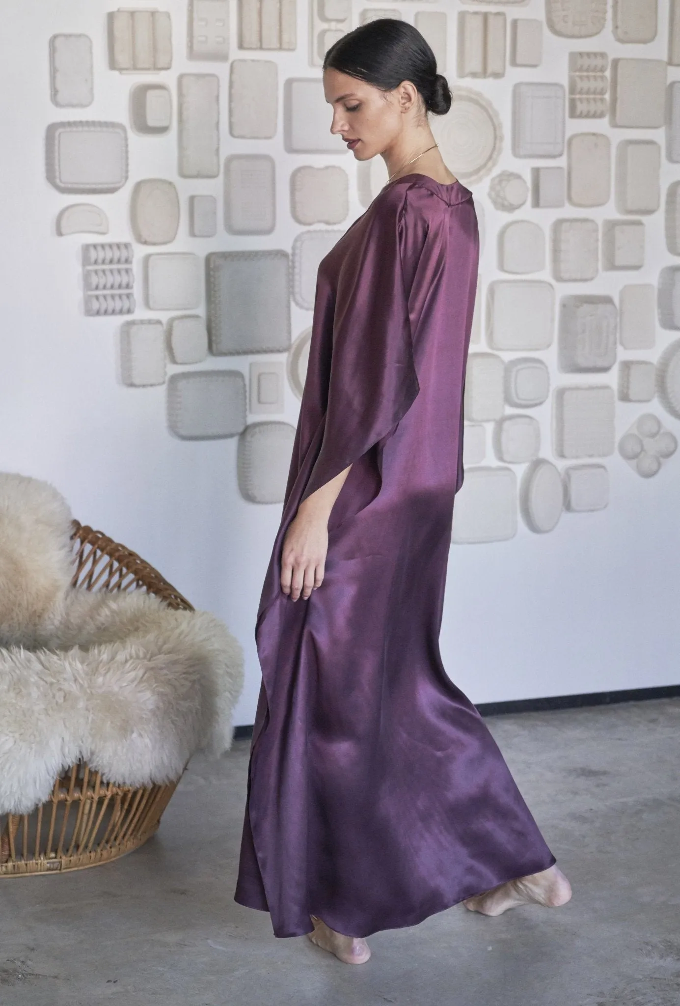 Burgundy Silk Placket V-Neck Long Caftan - Limited Edition! - Sale