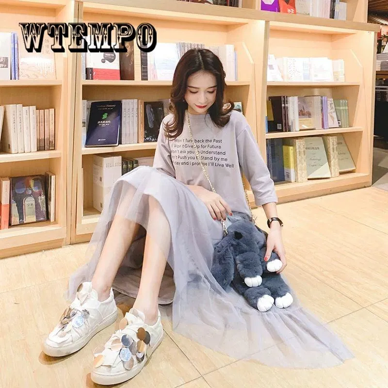Casual Dress Summer Women Clothes 2019 Print Short Sleeve Cotton T shirt Patchwork Mesh Dresses