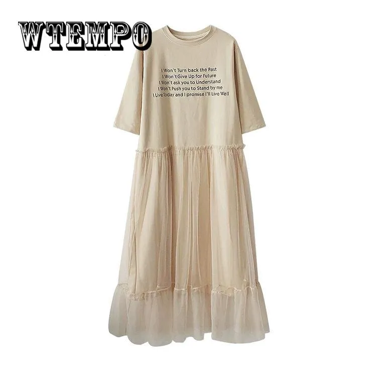 Casual Dress Summer Women Clothes 2019 Print Short Sleeve Cotton T shirt Patchwork Mesh Dresses
