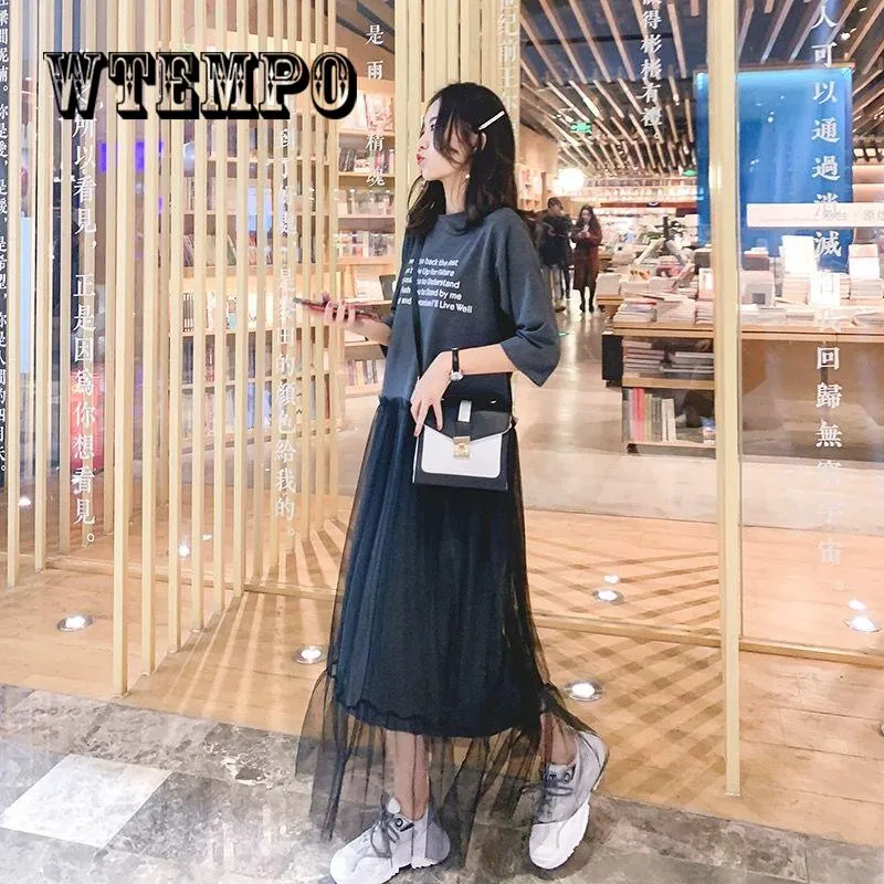 Casual Dress Summer Women Clothes 2019 Print Short Sleeve Cotton T shirt Patchwork Mesh Dresses
