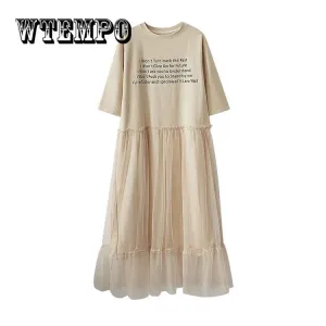 Casual Dress Summer Women Clothes 2019 Print Short Sleeve Cotton T shirt Patchwork Mesh Dresses