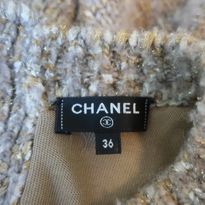 Chanel F/W 2018 Striped Knit Tunic Dress Beige/Gold Size 36 Kimono Sleeve Mini