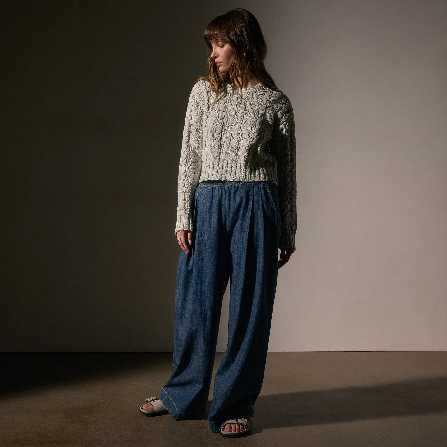 Cotton Linen Chunky Cable Knit Sweater - Foam