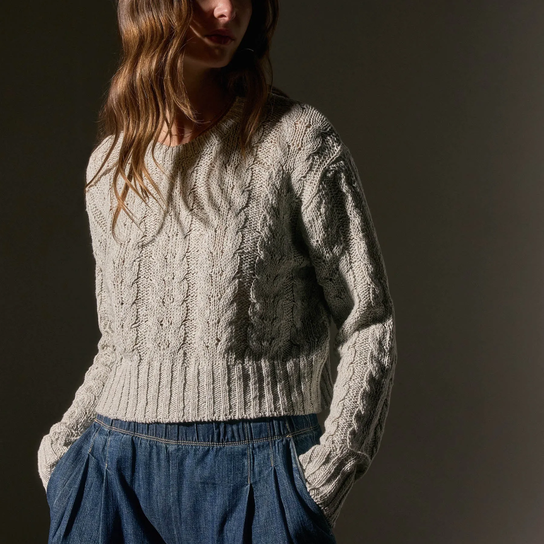 Cotton Linen Chunky Cable Knit Sweater - Foam