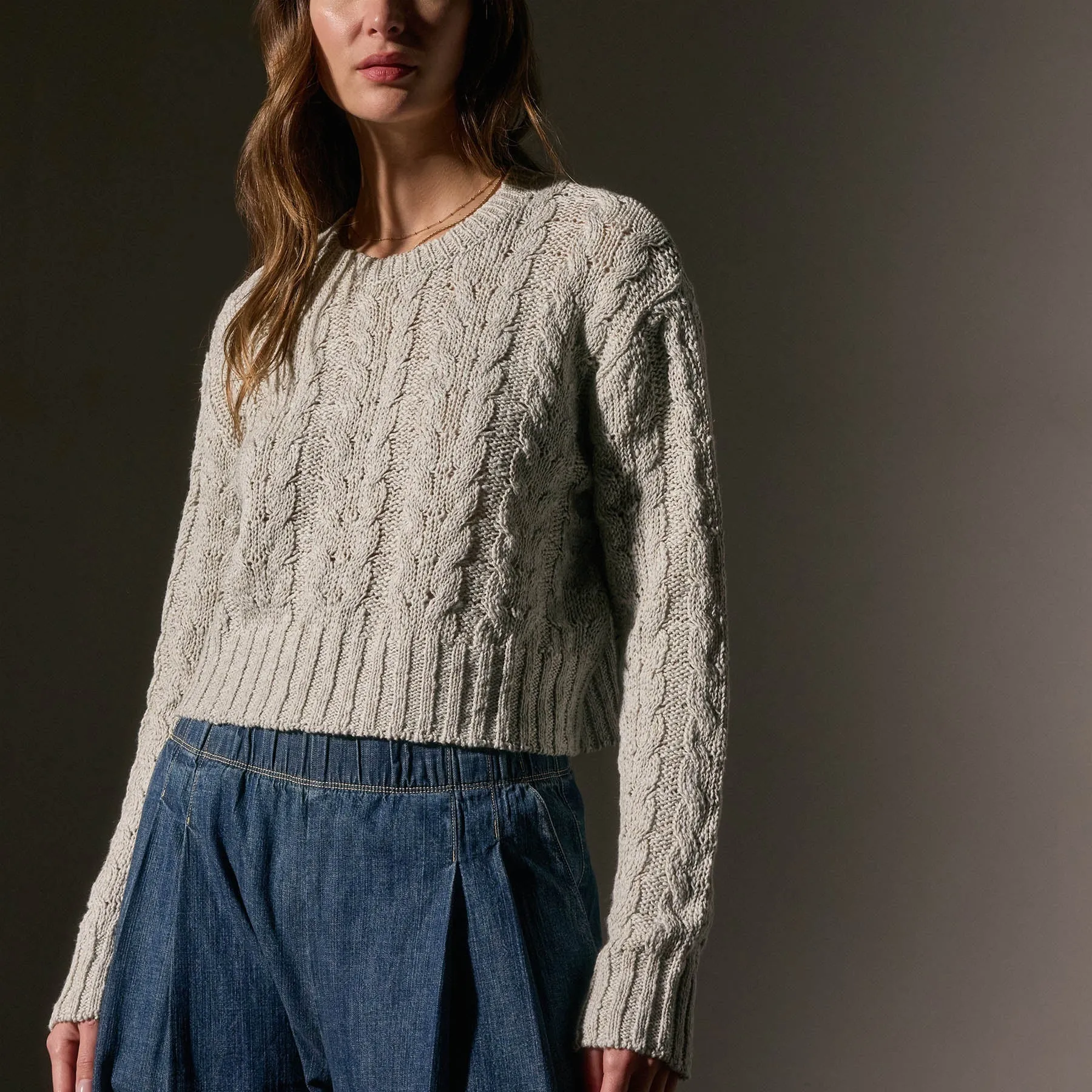 Cotton Linen Chunky Cable Knit Sweater - Foam