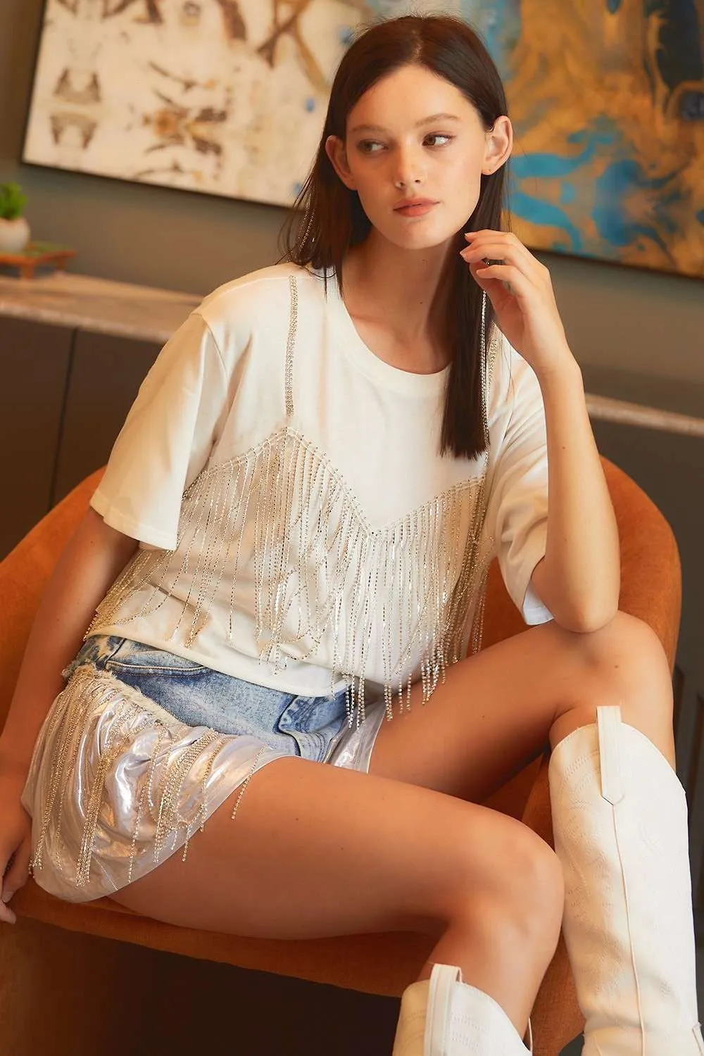 Denim Rhinestone With Metallic Fabric Denim Shorts