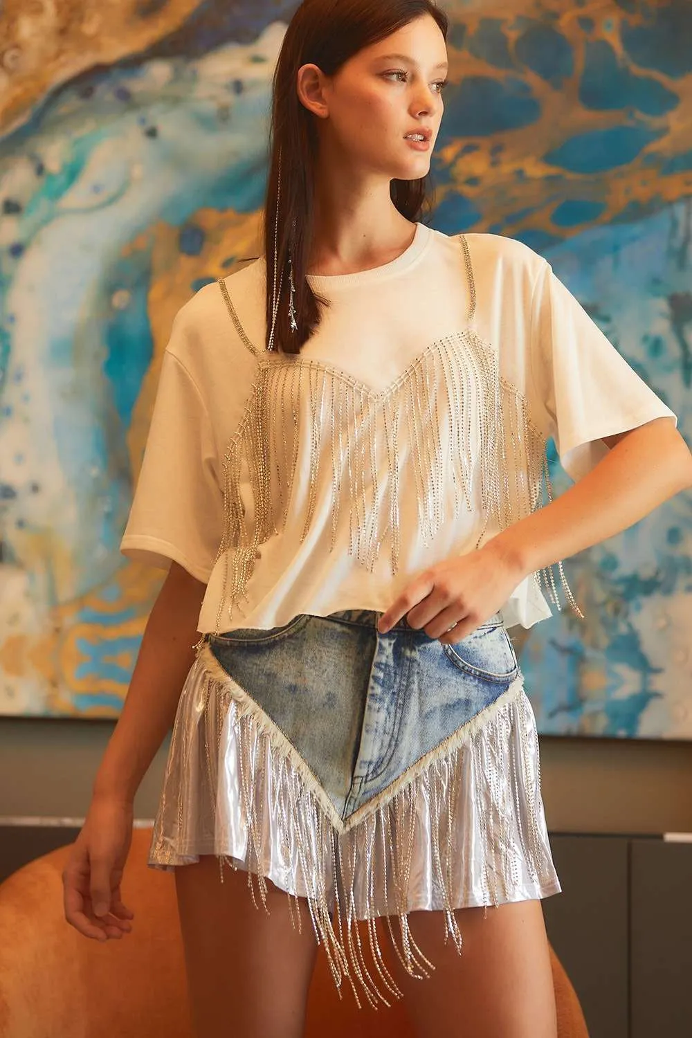 Denim Rhinestone With Metallic Fabric Denim Shorts