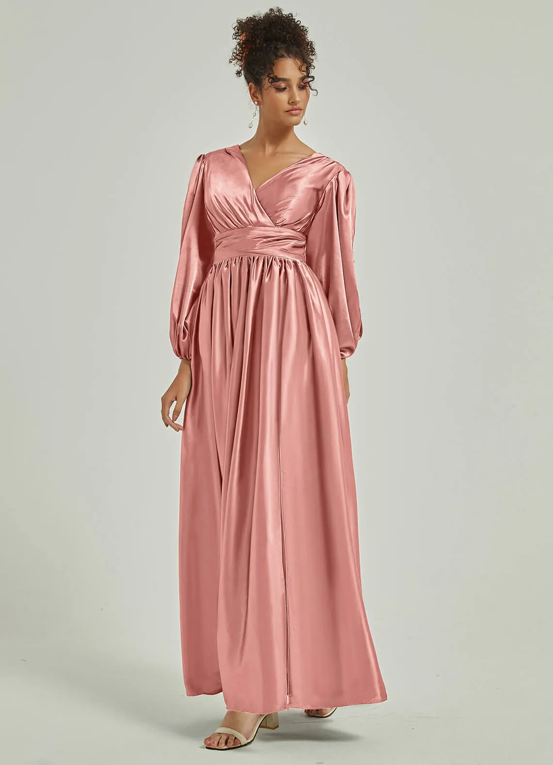 Dusty Pink 3/4 Long Slit Sleeve V-Neck Slit Pleated Bridesmaid Dress
