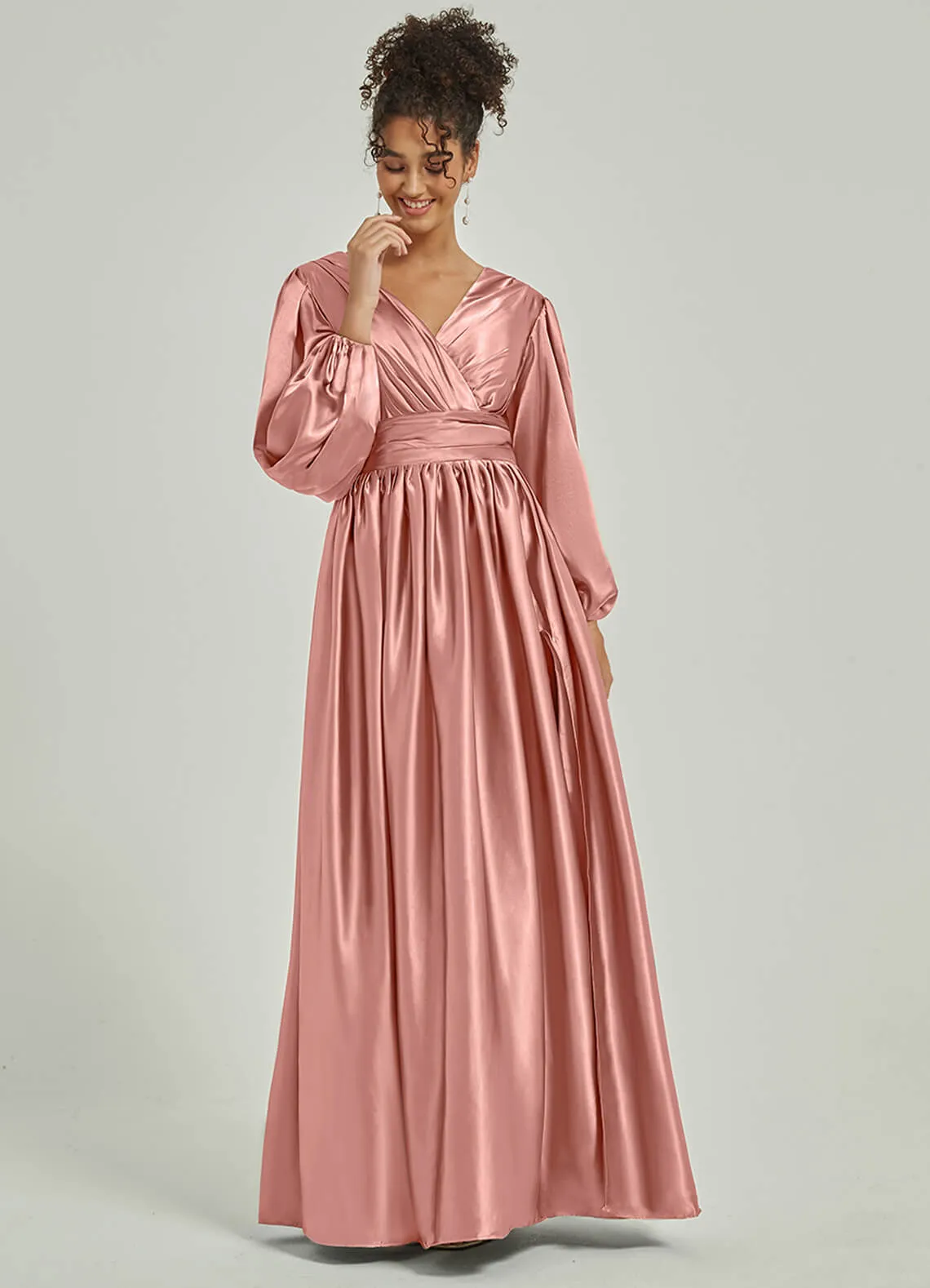 Dusty Pink 3/4 Long Slit Sleeve V-Neck Slit Pleated Bridesmaid Dress