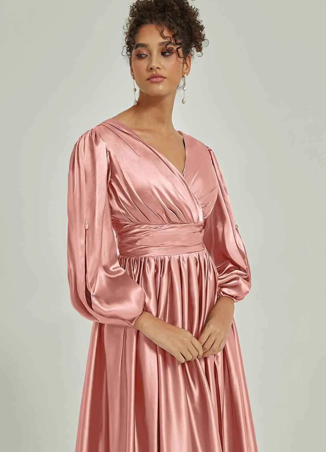 Dusty Pink 3/4 Long Slit Sleeve V-Neck Slit Pleated Bridesmaid Dress
