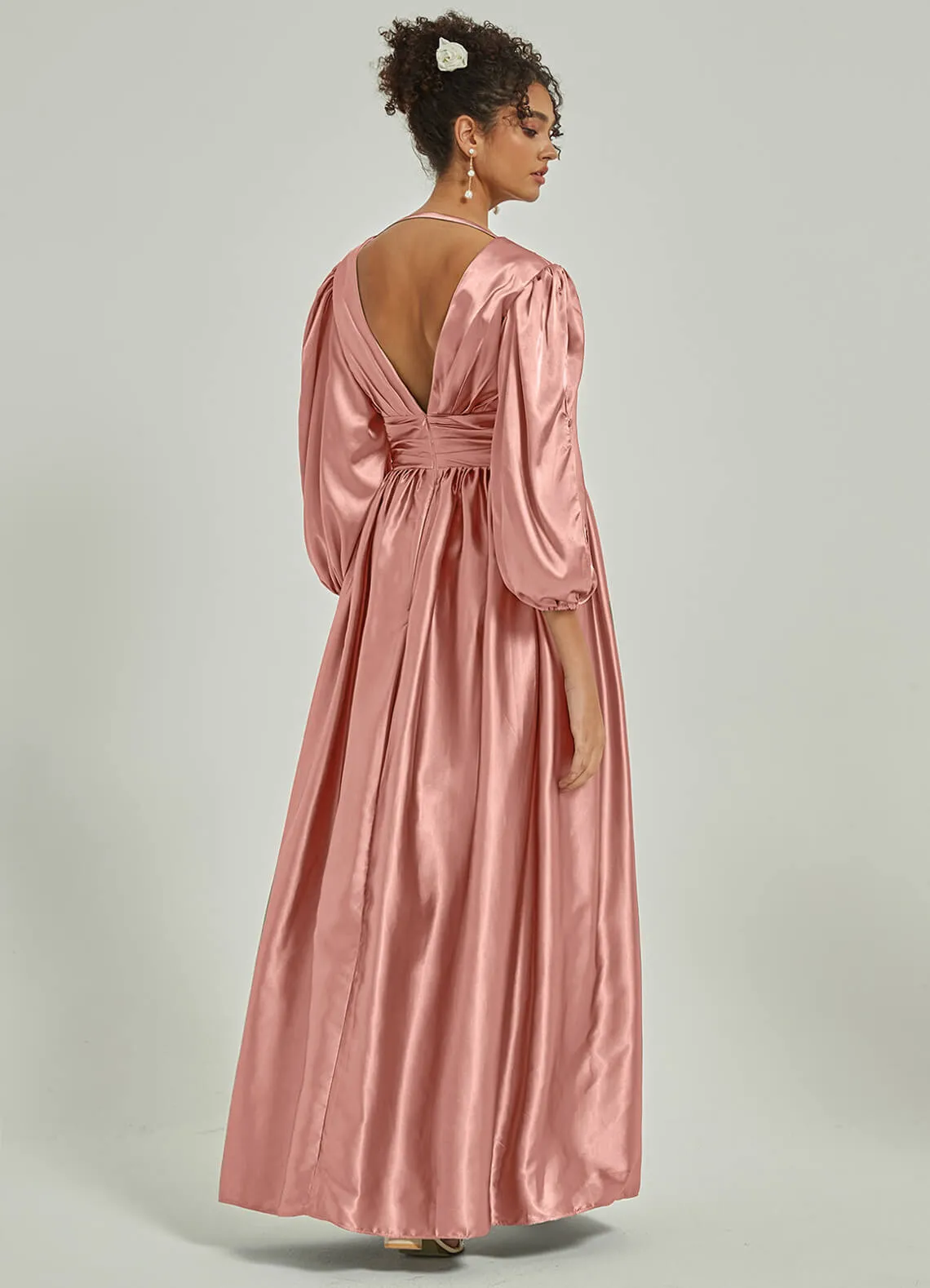 Dusty Pink 3/4 Long Slit Sleeve V-Neck Slit Pleated Bridesmaid Dress
