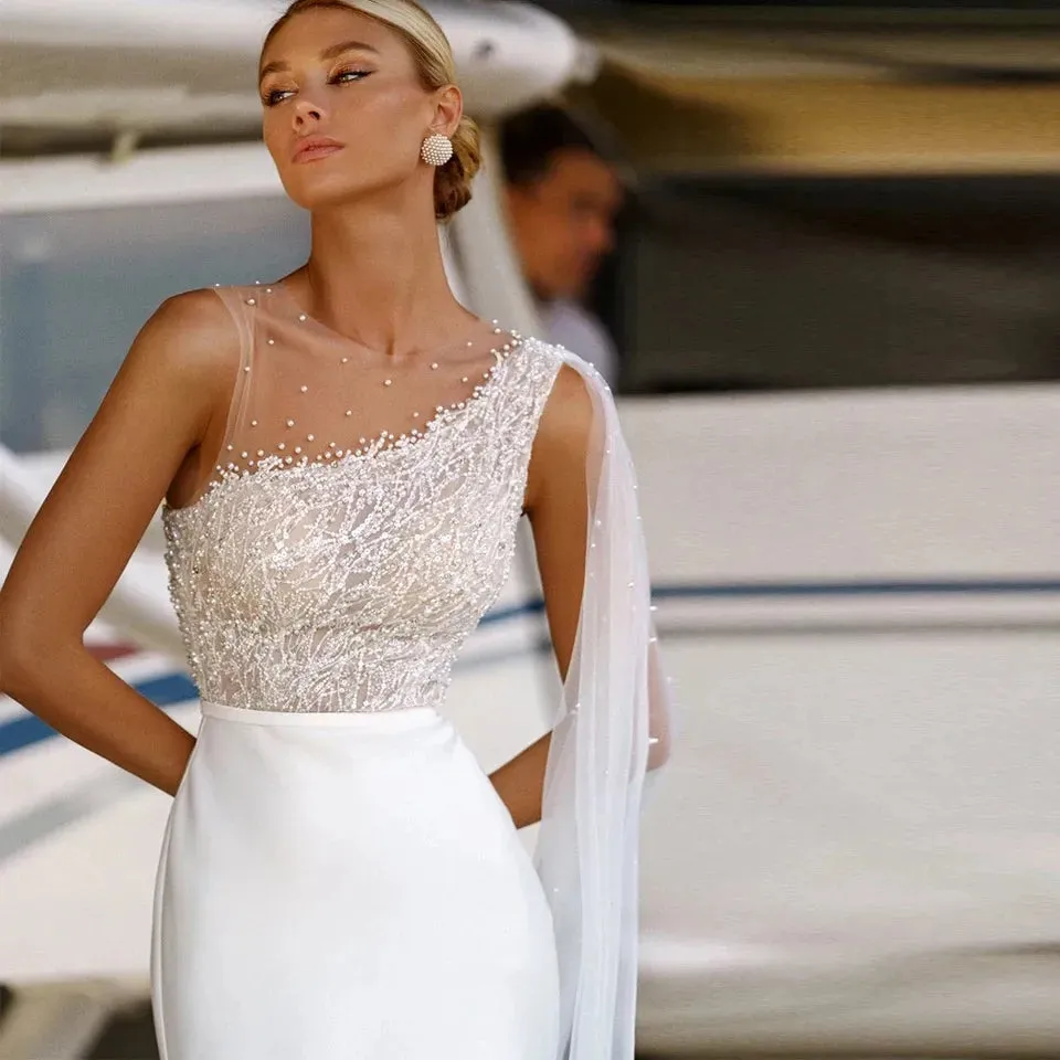 Elegant A-line Lace Sequins Bead Wedding Dresses Soft Satin O-Neck Pearls Sleeveless Buttons Zipper Sweep Train Bridal Gown Vestidos De Novia