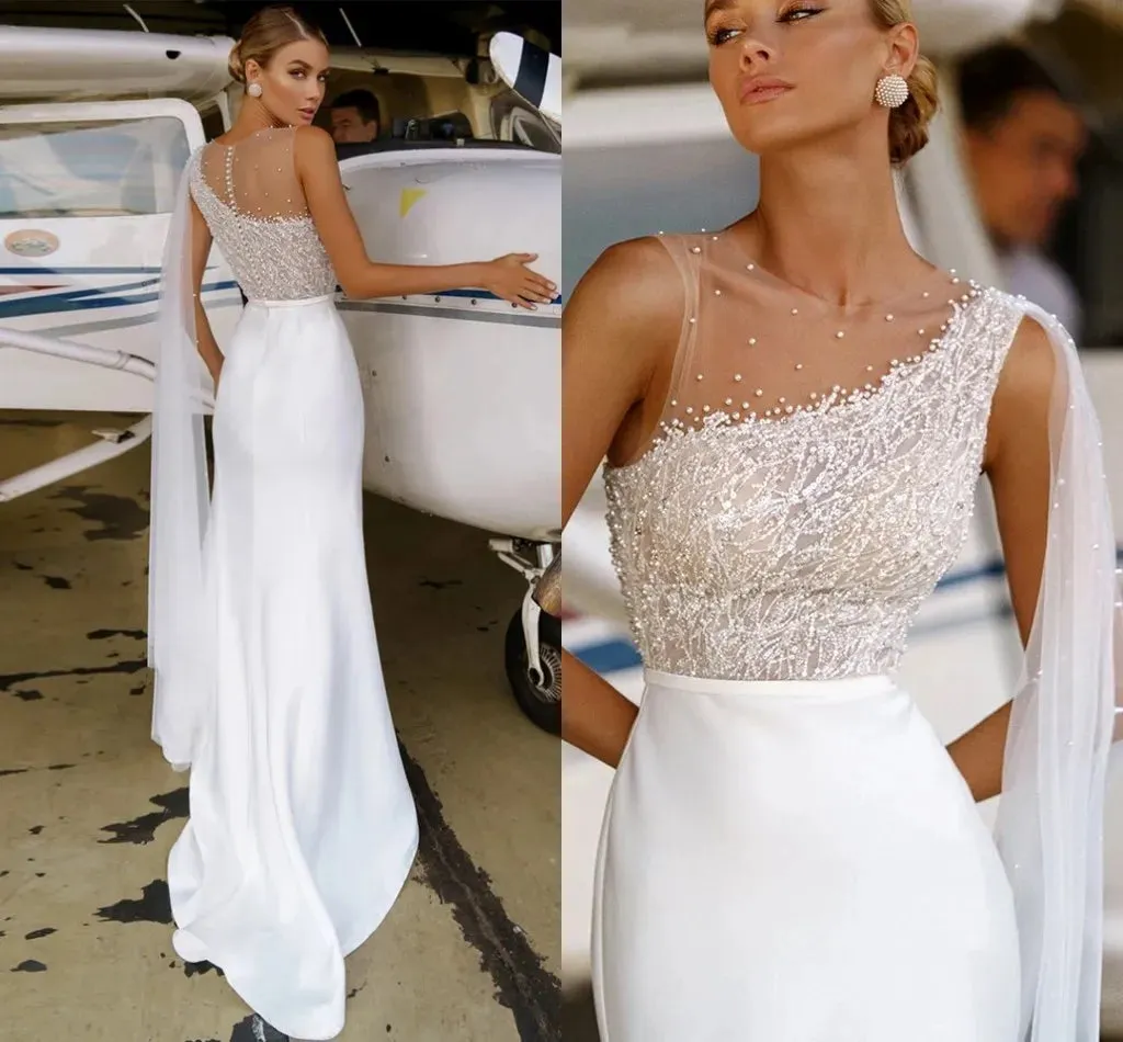 Elegant A-line Lace Sequins Bead Wedding Dresses Soft Satin O-Neck Pearls Sleeveless Buttons Zipper Sweep Train Bridal Gown Vestidos De Novia