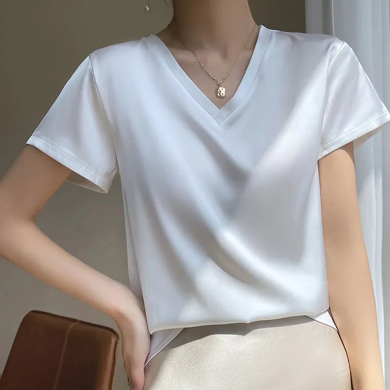 Elegant Satin Silk V-Neck Women's T-Shirt – Short Sleeve Solid Basic Top for Summer