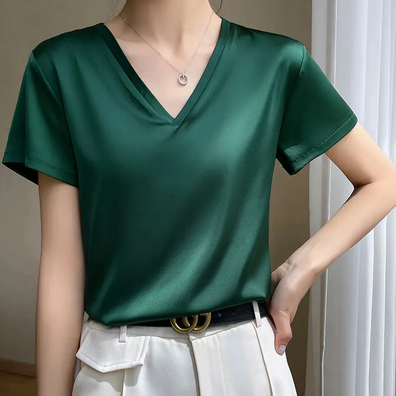 Elegant Satin Silk V-Neck Women's T-Shirt – Short Sleeve Solid Basic Top for Summer