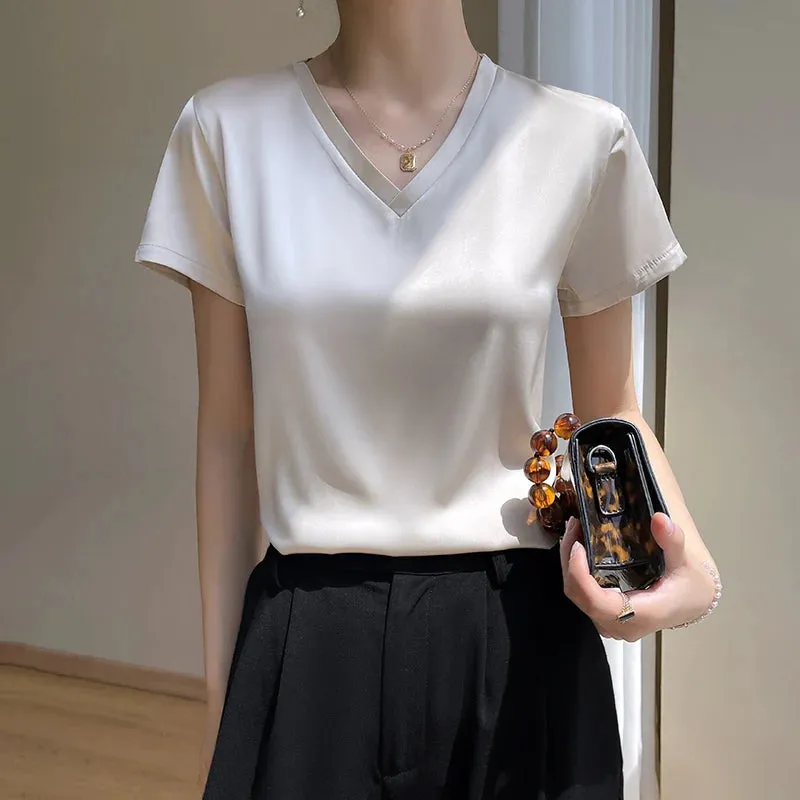 Elegant Satin Silk V-Neck Women's T-Shirt – Short Sleeve Solid Basic Top for Summer