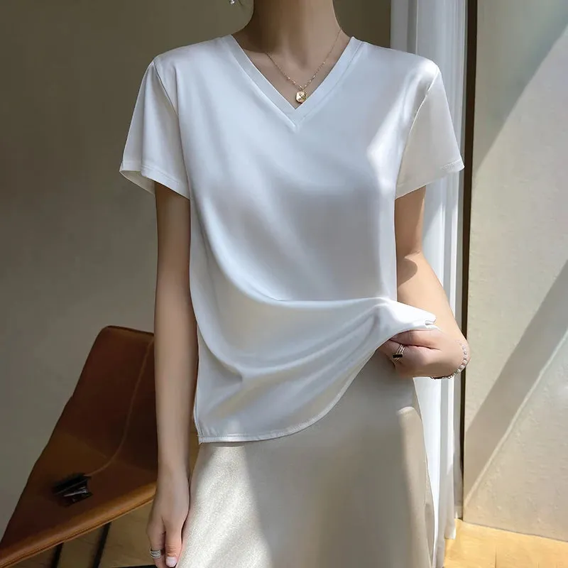 Elegant Satin Silk V-Neck Women's T-Shirt – Short Sleeve Solid Basic Top for Summer