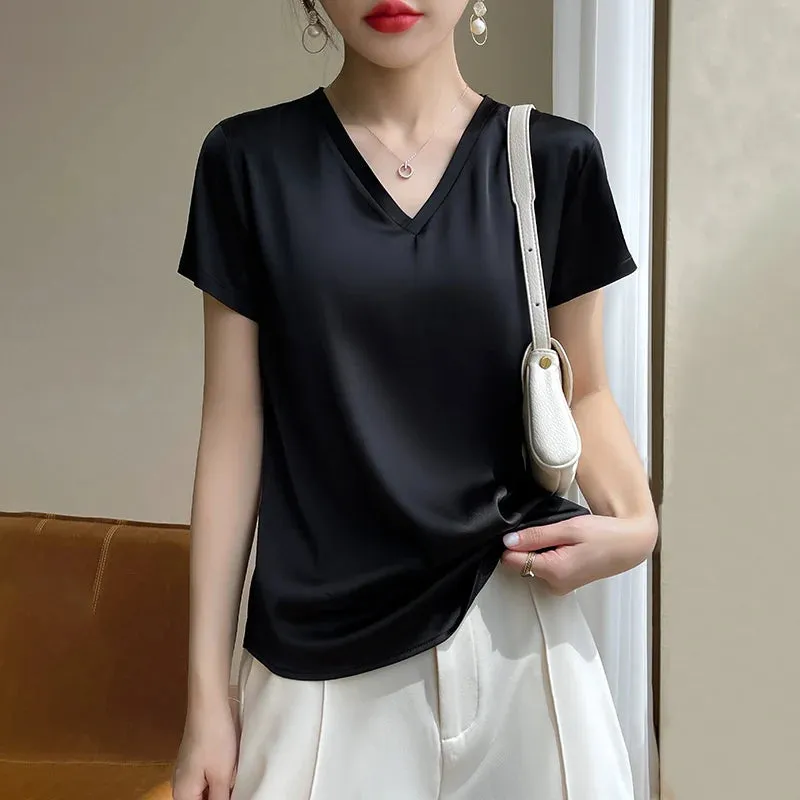 Elegant Satin Silk V-Neck Women's T-Shirt – Short Sleeve Solid Basic Top for Summer