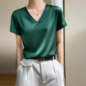 Elegant Satin Silk V-Neck Women's T-Shirt – Short Sleeve Solid Basic Top for Summer