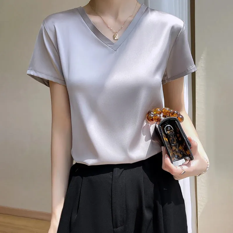 Elegant Satin Silk V-Neck Women's T-Shirt – Short Sleeve Solid Basic Top for Summer