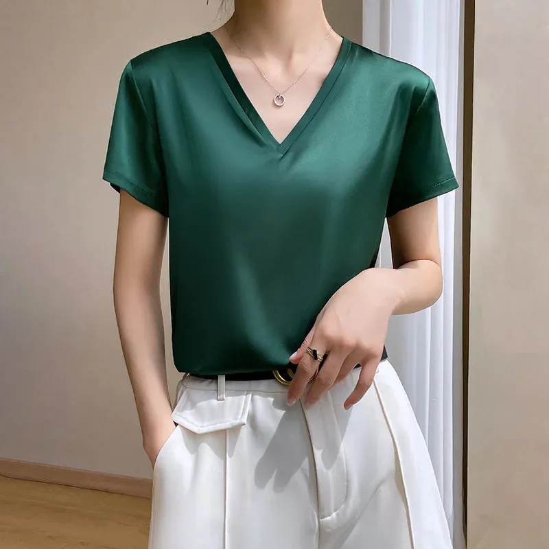 Elegant Satin Silk V-Neck Women's T-Shirt – Short Sleeve Solid Basic Top for Summer