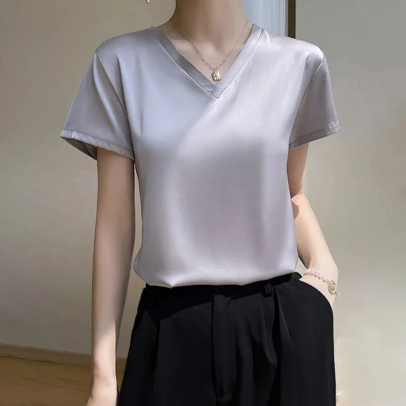 Elegant Satin Silk V-Neck Women's T-Shirt – Short Sleeve Solid Basic Top for Summer