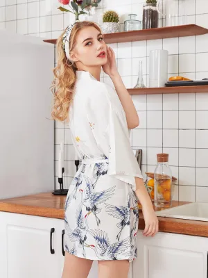Elegant Women's Crane Print Robe - Lightweight Satin Kimono with Short Design, Belted Wrap Style, Stylish Nightgown for Home Loungewear and Sleepwear