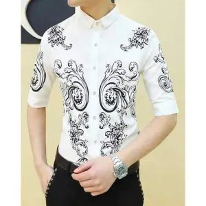 Fashion Shirt Collar Ink Ethnic Pattern Slimming Half Sleeve Polyester Shirt For Men - White L