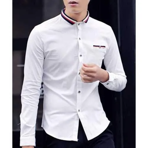 Fashion Style Turn-down Collar Colorized Stripes Spliced Long Sleeves Men's Slim Fit Shirt - White Xl