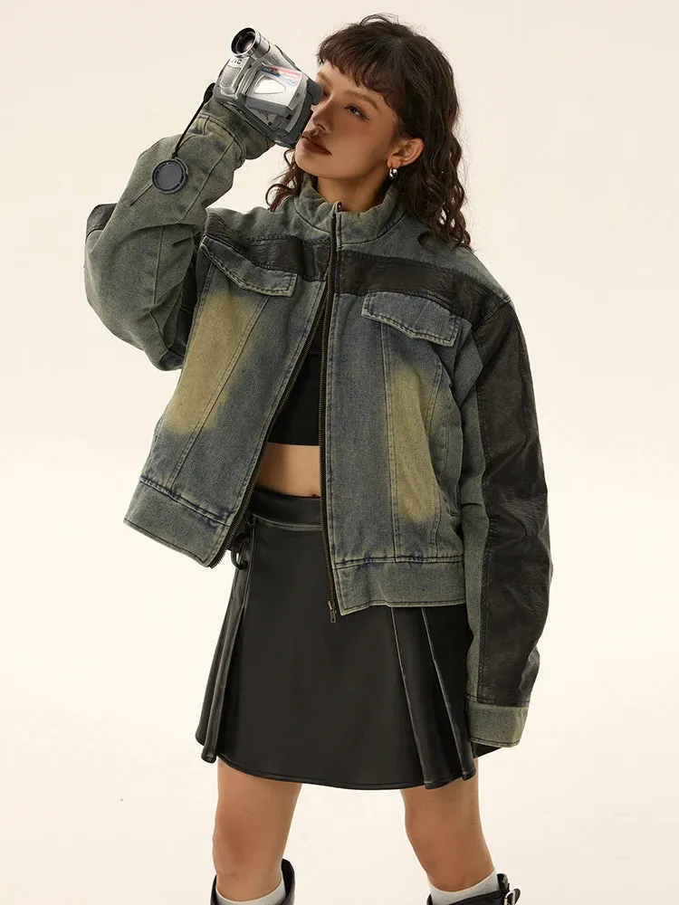 Fashion Women's Thickened Cotton Denim Coat Contrast Color Zipper Short Loose Y2k Parkas Jackets Winter