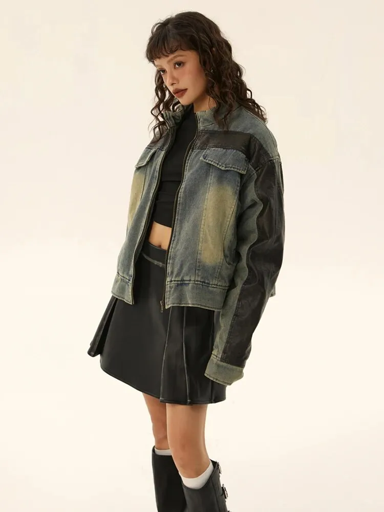 Fashion Women's Thickened Cotton Denim Coat Contrast Color Zipper Short Loose Y2k Parkas Jackets Winter