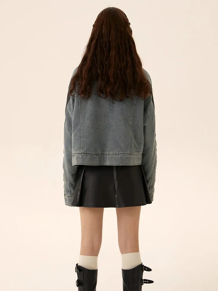 Fashion Women's Thickened Cotton Denim Coat Contrast Color Zipper Short Loose Y2k Parkas Jackets Winter