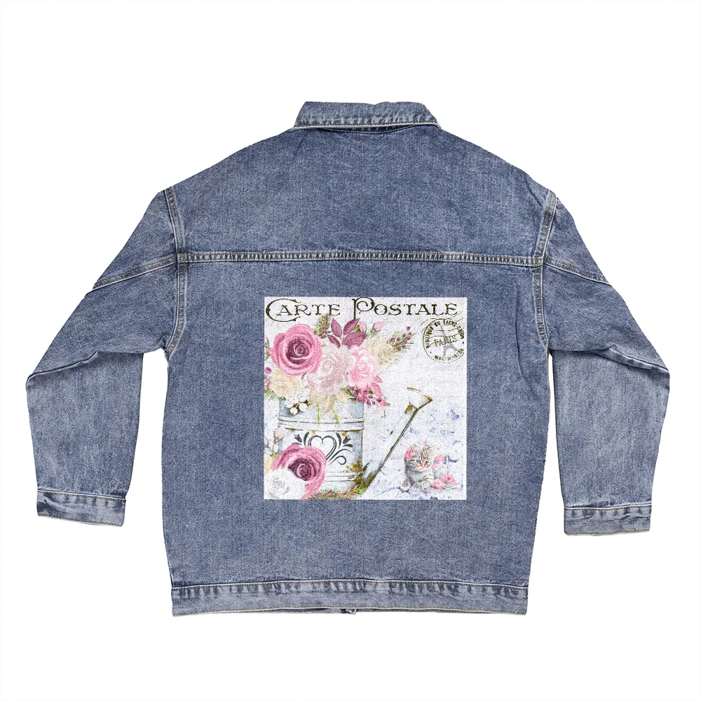 Flowers & Kitten Design Carte Postale Oversized Women's DTG Denim Jacket