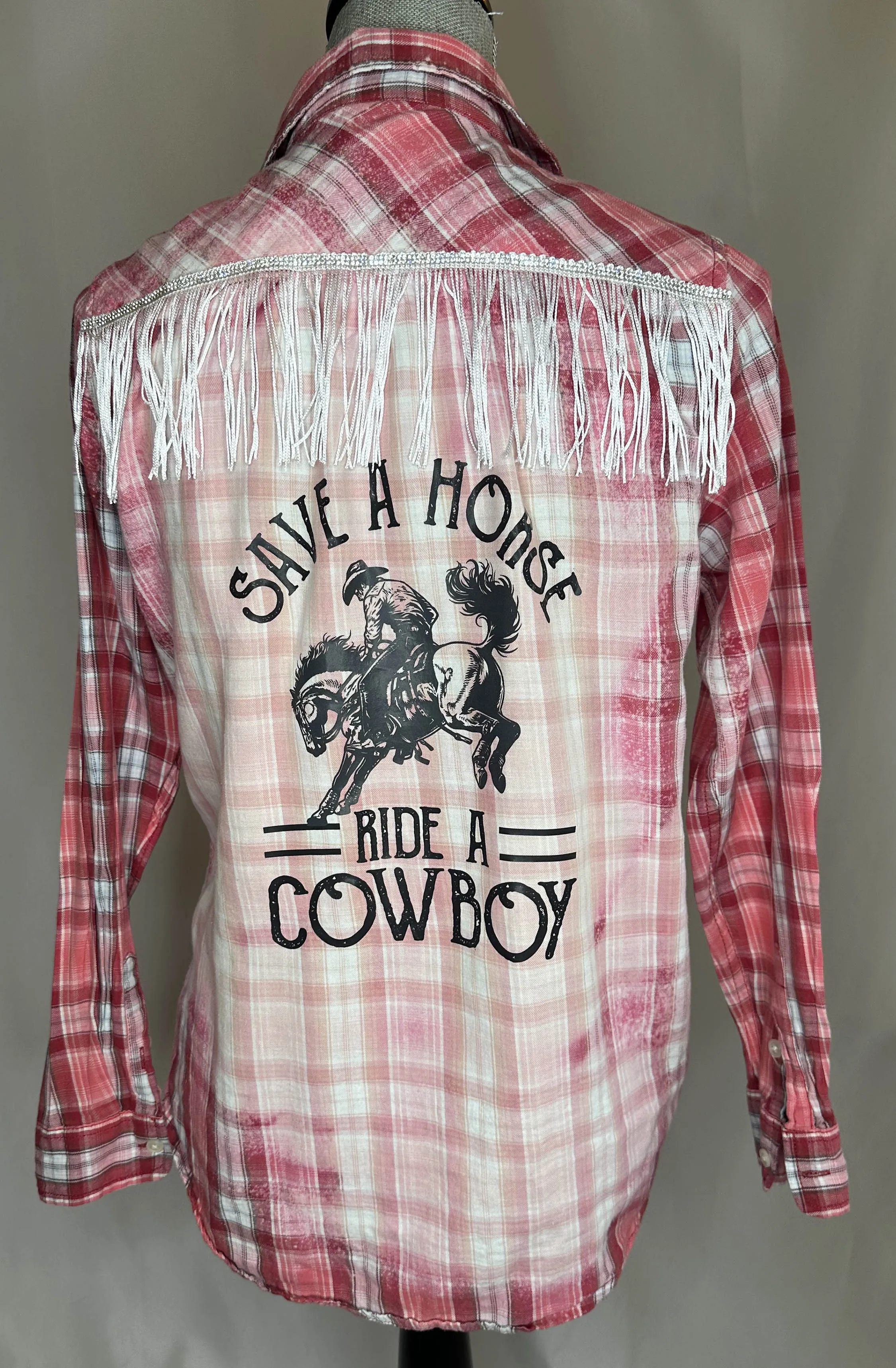 Fringed detail "Save a horse ride a cowboy" Women's Small Shirt