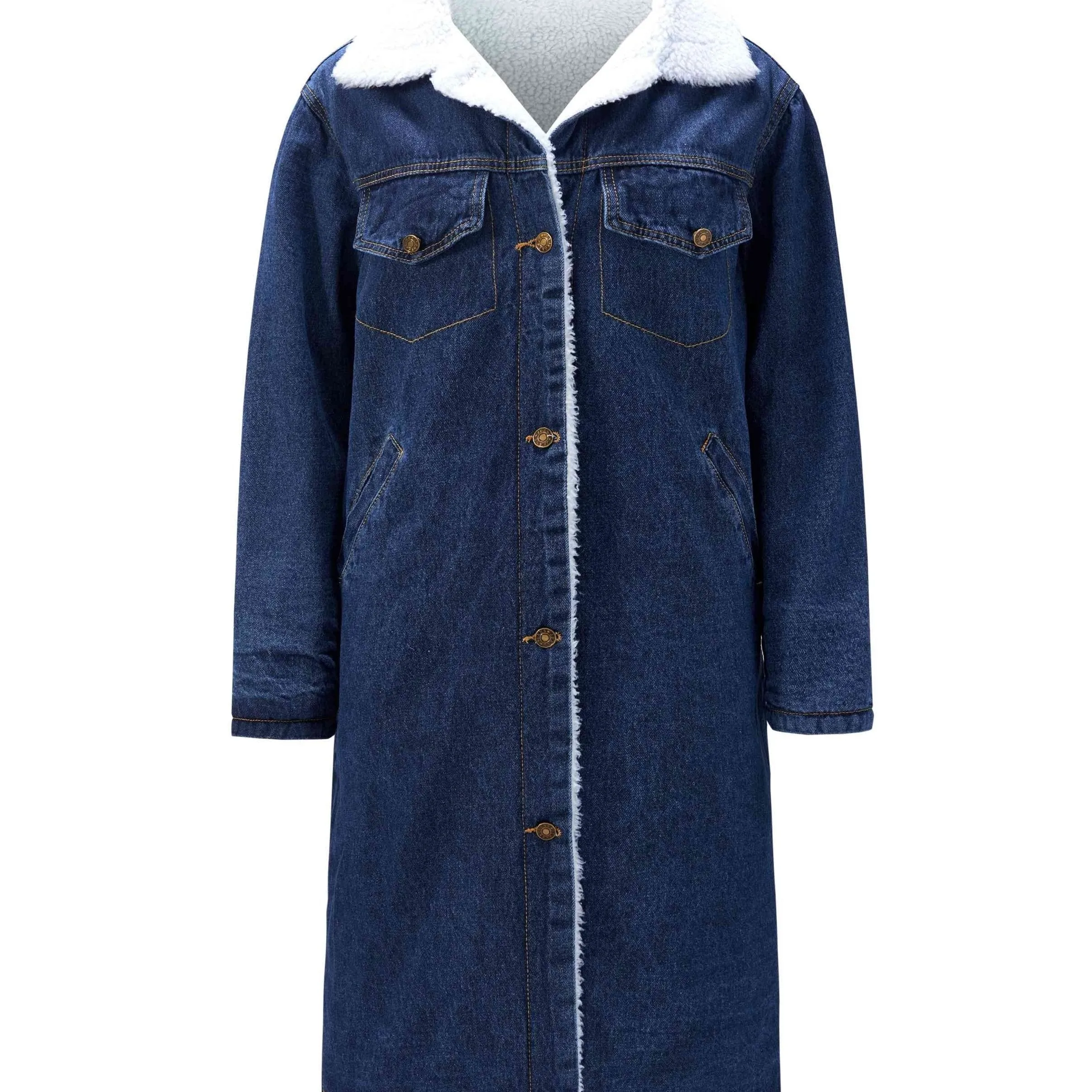 Furry Inside Denim Long Coat, Heated Warm Winter Coat, Flap Pockets Button Closure Loose Warm Denim Jacket, Women's Denim Jackets & Coats, Women's Clothing