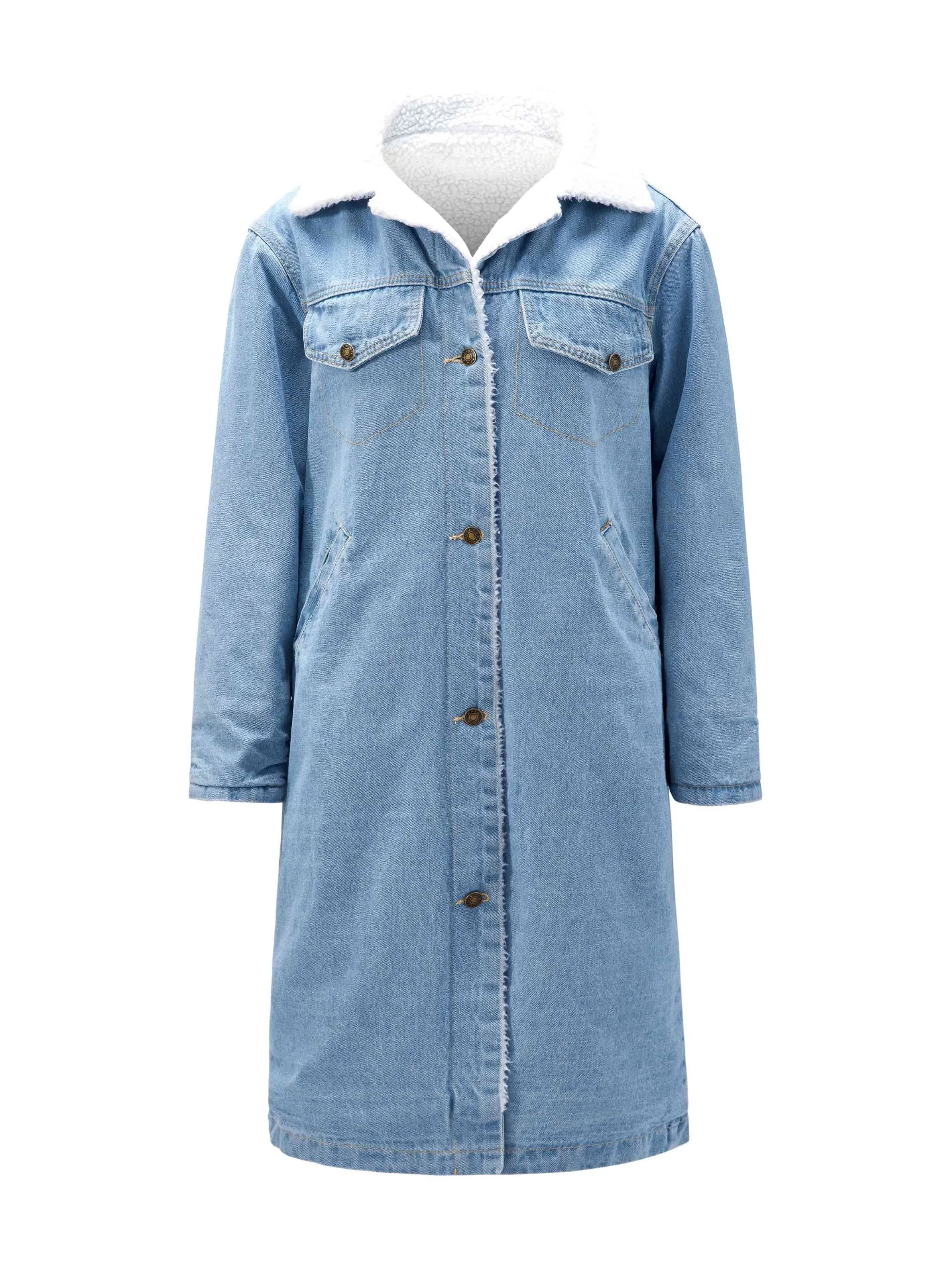 Furry Inside Denim Long Coat, Heated Warm Winter Coat, Flap Pockets Button Closure Loose Warm Denim Jacket, Women's Denim Jackets & Coats, Women's Clothing