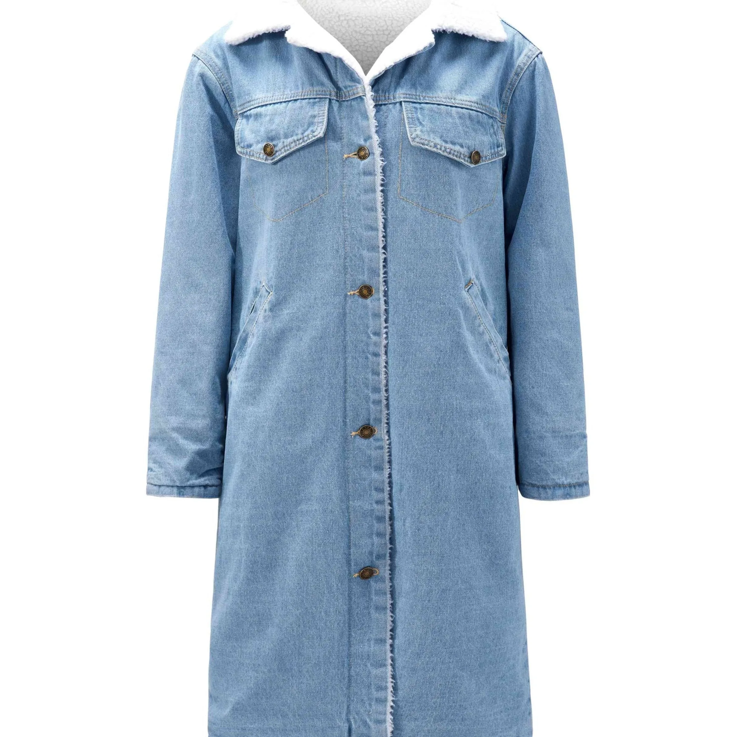 Furry Inside Denim Long Coat, Heated Warm Winter Coat, Flap Pockets Button Closure Loose Warm Denim Jacket, Women's Denim Jackets & Coats, Women's Clothing